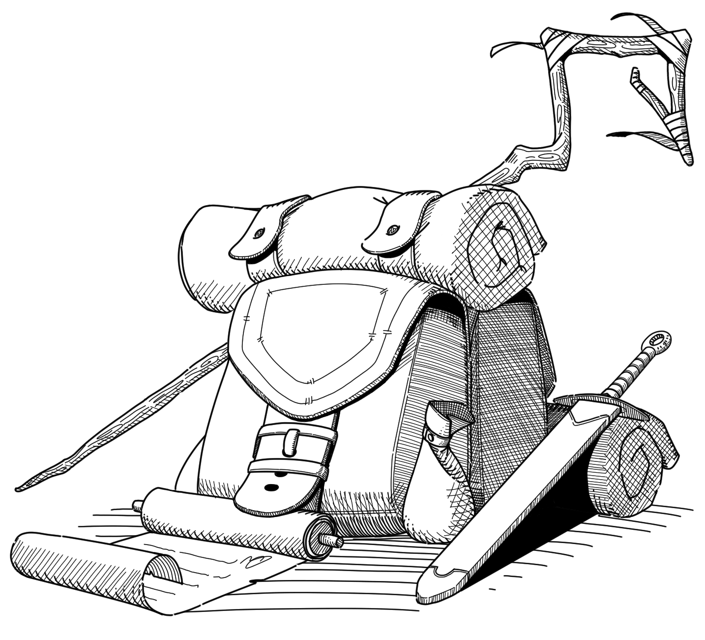 Footer Illustration: bags and various equipment laying on the ground.